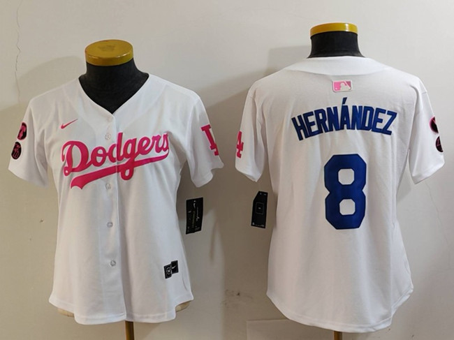 Youth Los Angeles Dodgers #8 Enrique Hernández White/Pink Vin & Kobe Patch Stitched Baseball Jersey Youth Los Angeles Dodgers #8 Enrique Hernández White/Pink Vin & Kobe Patch Stitched Baseball Jersey
